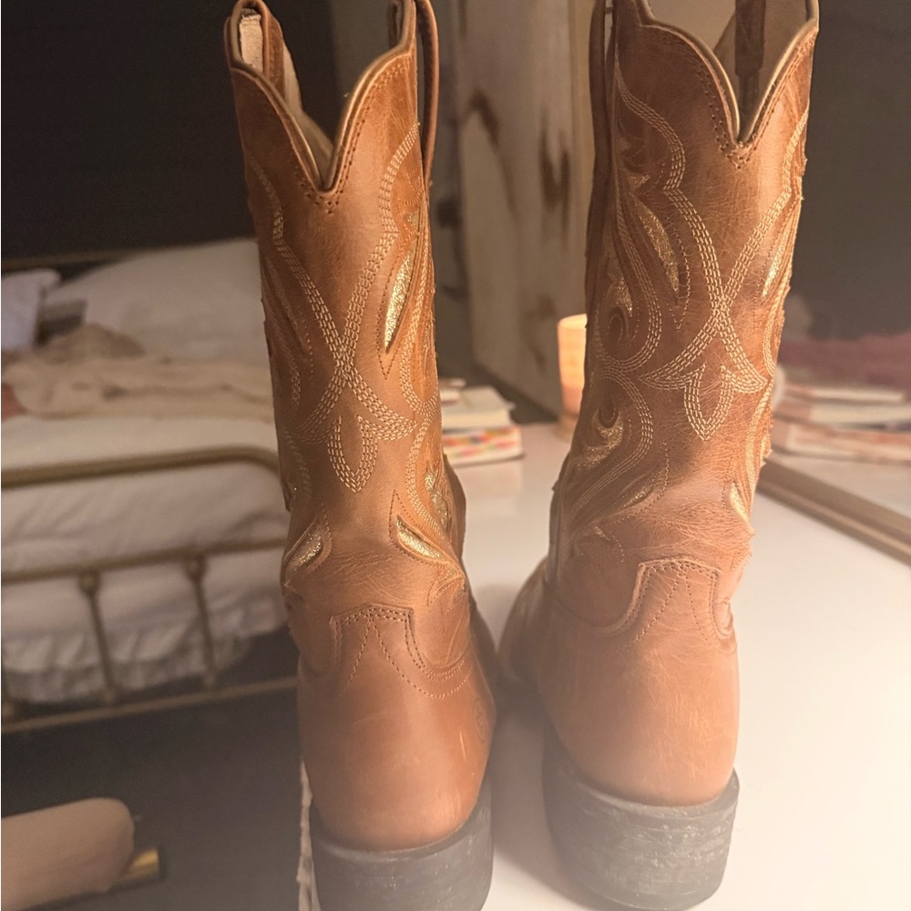 Womens Ariat Brown Leather Gold Sparkle Cowboy Boots 8 1/2 - Picture 5 of 6